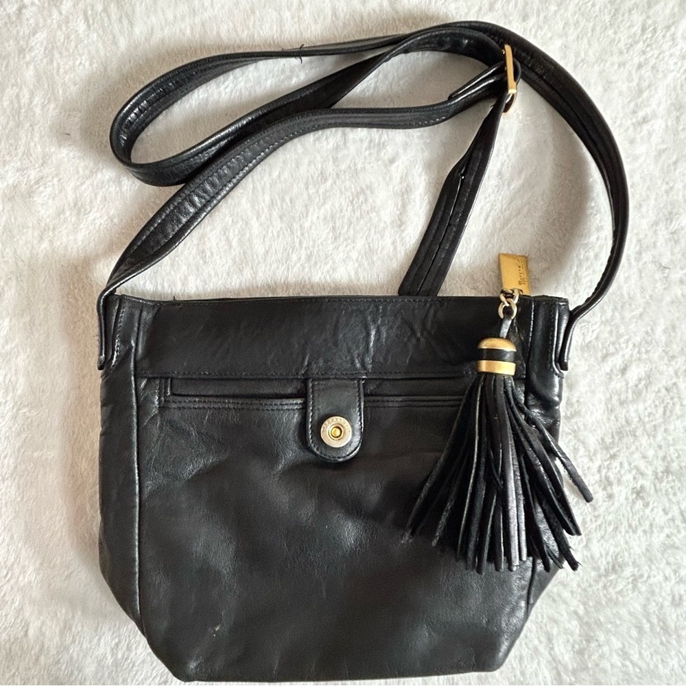 Tignanello Black Crossbody Leather Bag with Tassel Charm